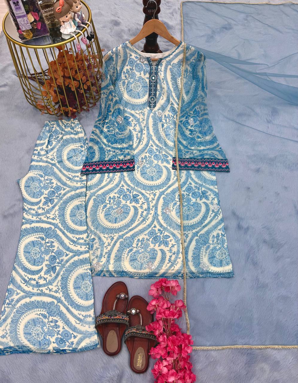 Wedding Wear Sky Blur Color Pure Chifon Georgette With Digital Print With Embroidery Work Palazzo Suit