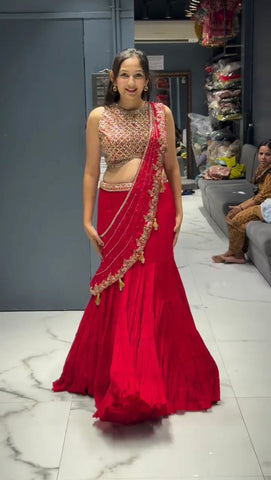 Stylish Red Color Faux Georgette Thread With Sequence Work Ready Wear Lehenga Saree