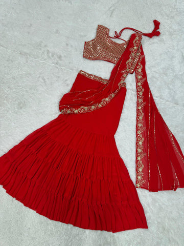 Stylish Red Color Faux Georgette Thread With Sequence Work Ready Wear Lehenga Saree