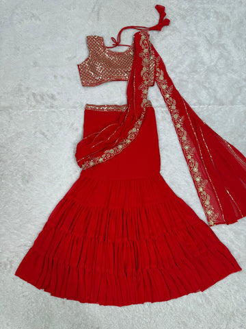 Stylish Red Color Faux Georgette Thread With Sequence Work Ready Wear Lehenga Saree