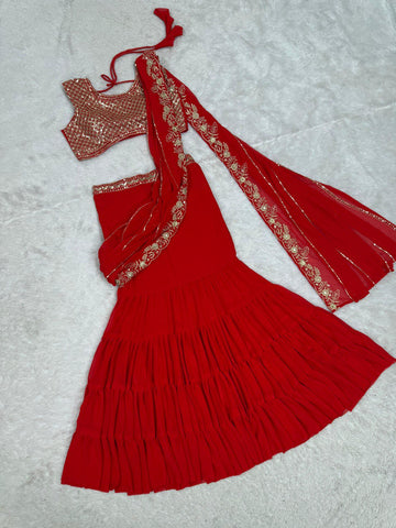 Stylish Red Color Faux Georgette Thread With Sequence Work Ready Wear Lehenga Saree