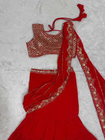 Stylish Red Color Faux Georgette Thread With Sequence Work Ready Wear Lehenga Saree