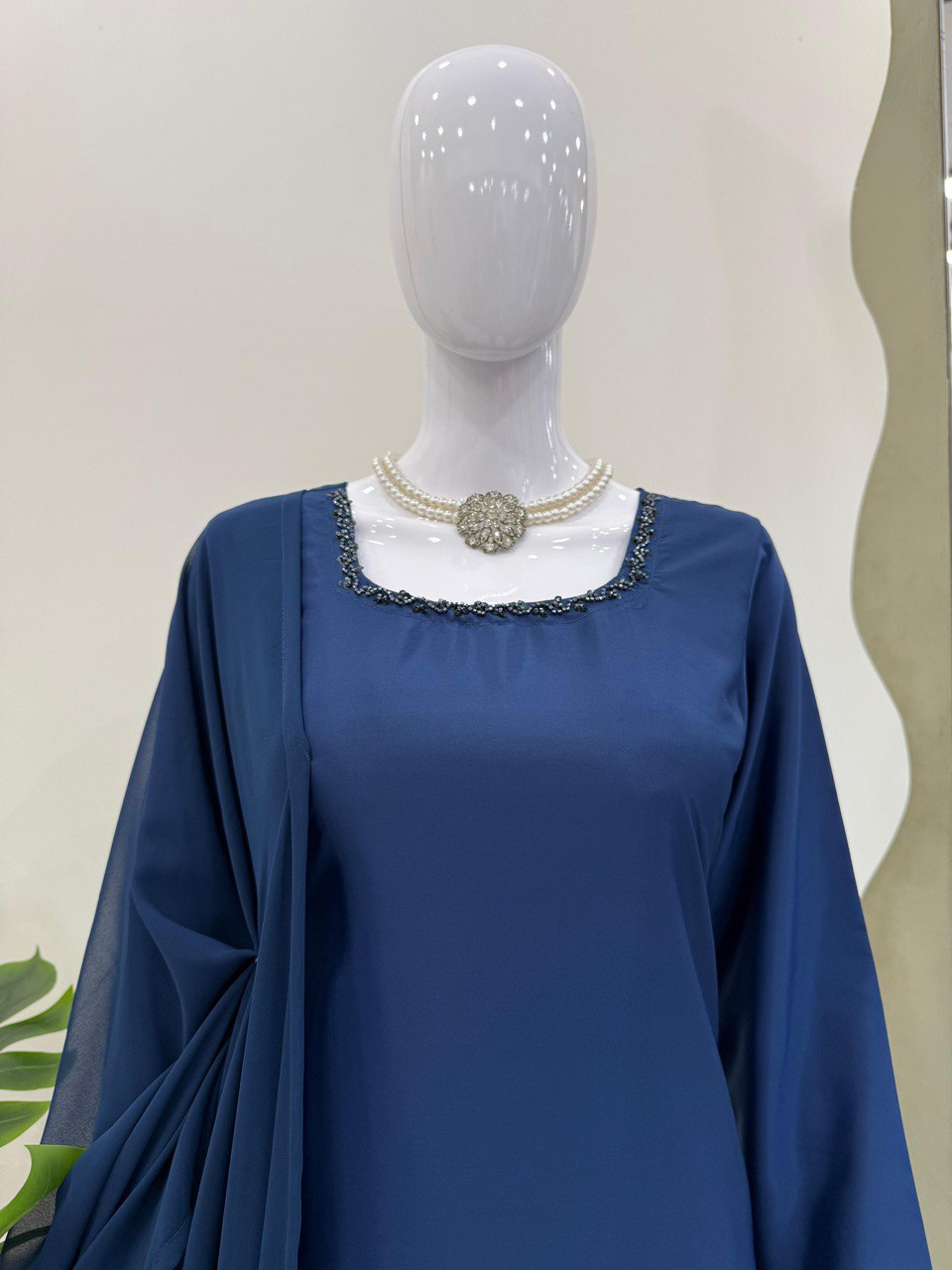 Wedding Wear Navy Blue Color Natural Crepe Beads With Moti With Thread Work Palazzo Suit