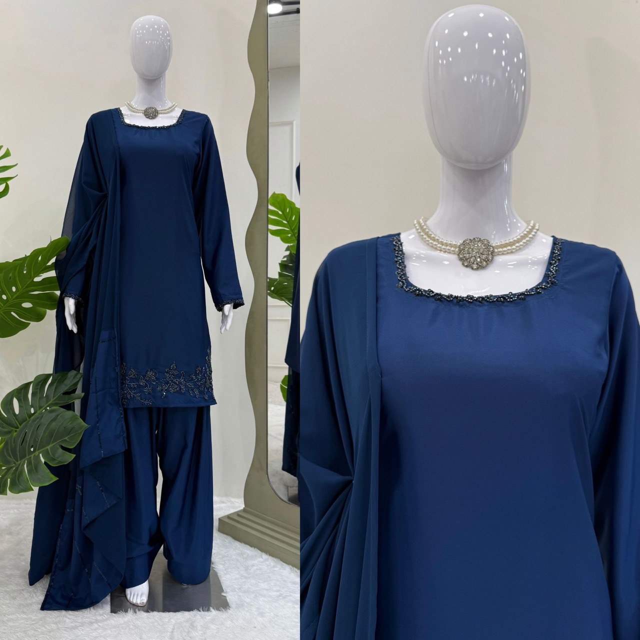 Wedding Wear Navy Blue Color Natural Crepe Beads With Moti With Thread Work Palazzo Suit