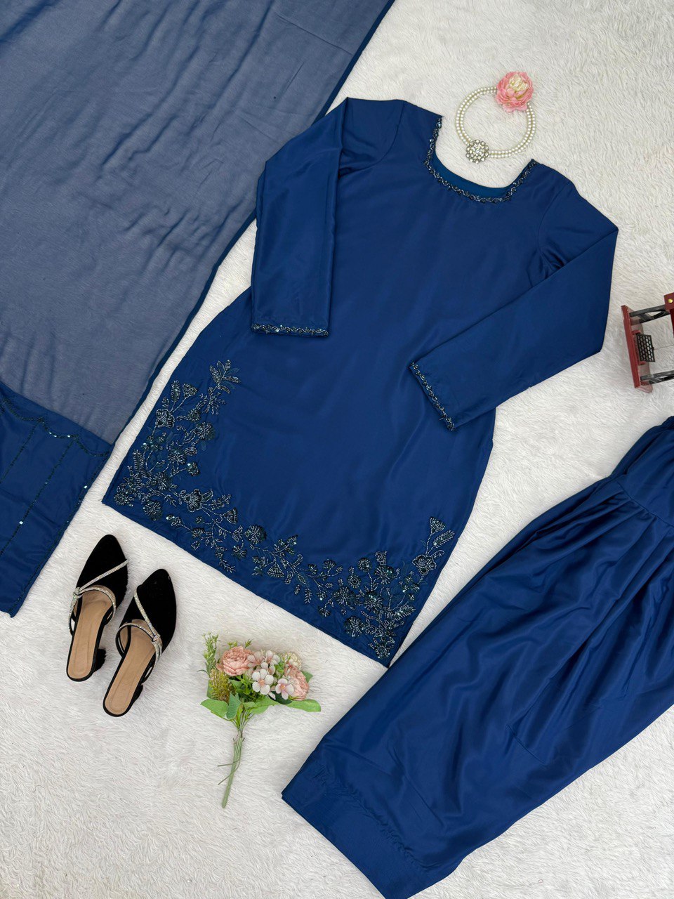 Wedding Wear Navy Blue Color Natural Crepe Beads With Moti With Thread Work Palazzo Suit