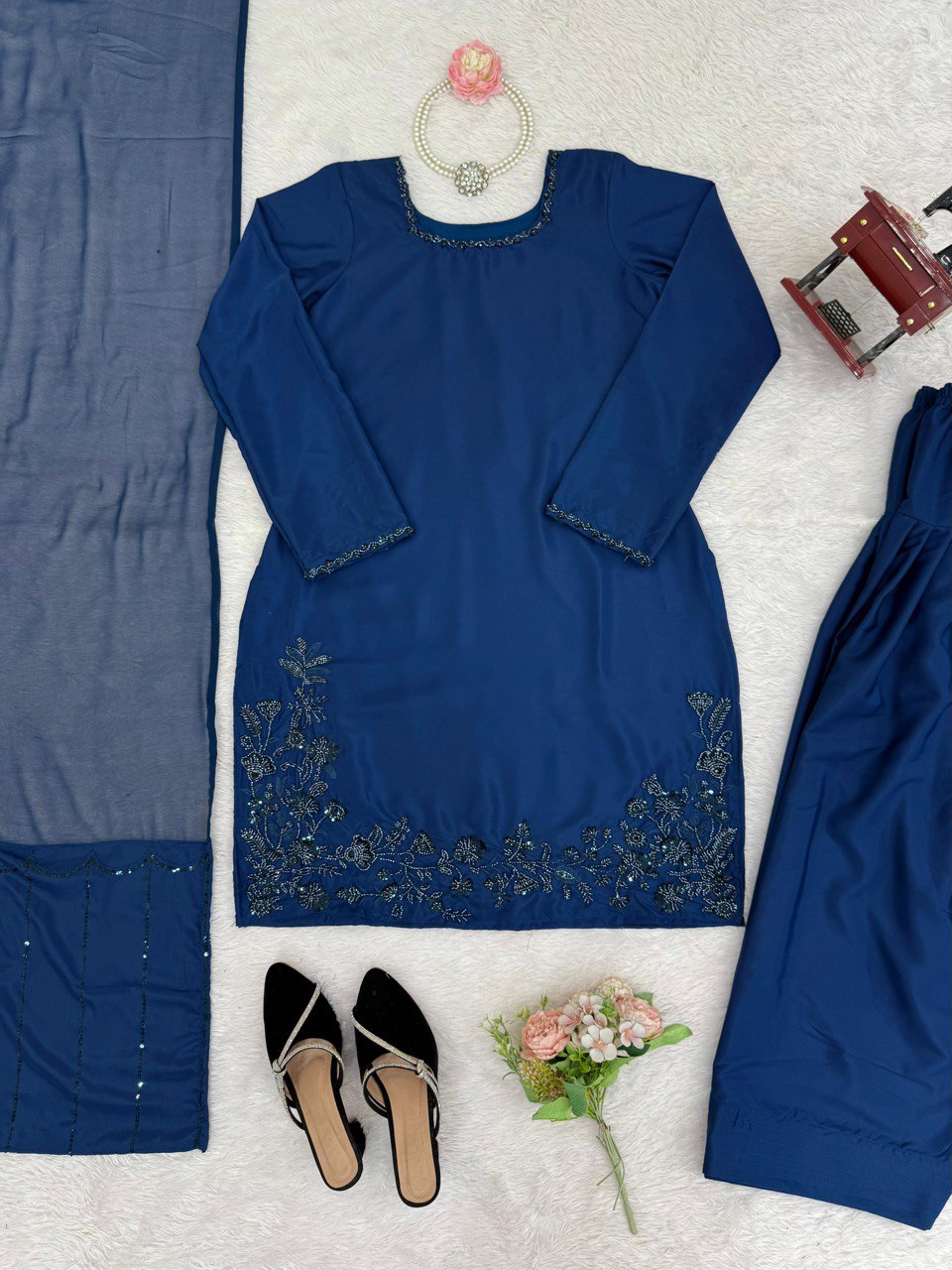 Wedding Wear Navy Blue Color Natural Crepe Beads With Moti With Thread Work Palazzo Suit