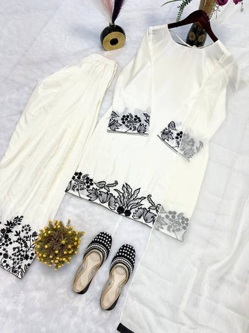 Festive Wear White Color Heavy Natural Crep Silk Fancy Less Border Work Salwar Suit