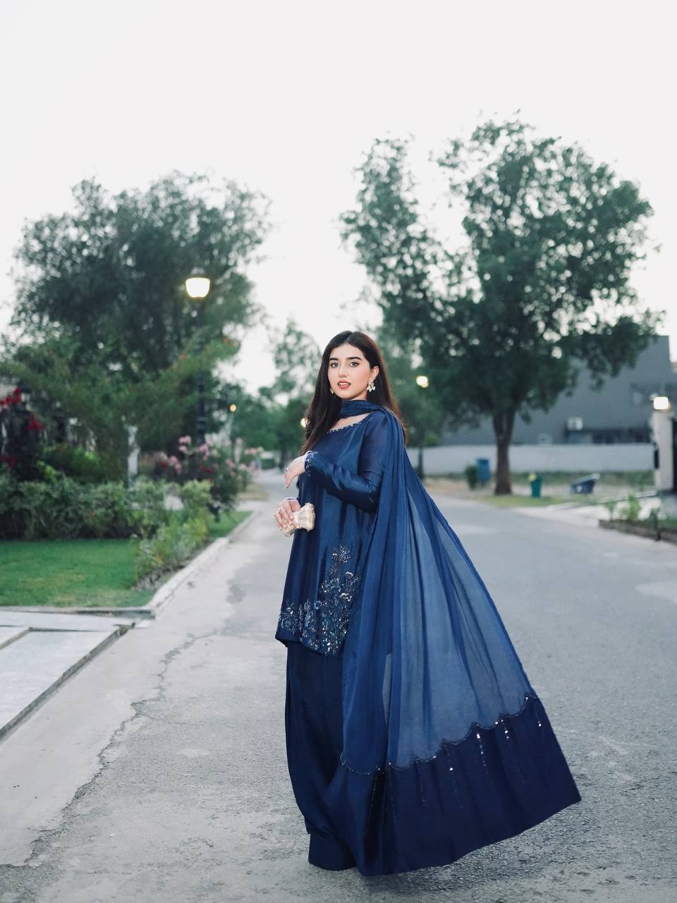 Ceremony Wear Navy Blue Color Pure Natural Crep Silk With Embroidery Sequence Work Palazzo Suit