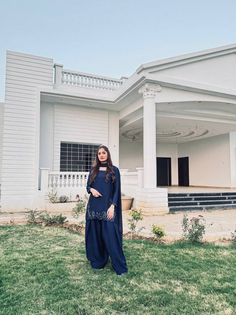 Ceremony Wear Navy Blue Color Pure Natural Crep Silk With Embroidery Sequence Work Palazzo Suit