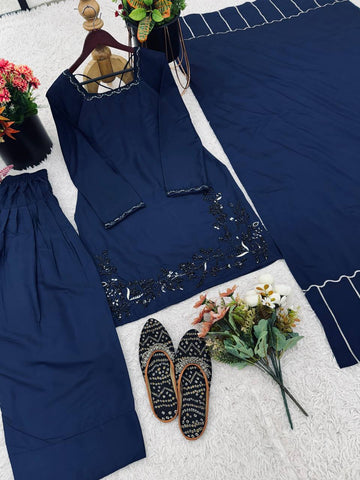 Ceremony Wear Navy Blue Color Pure Natural Crep Silk With Embroidery Sequence Work Palazzo Suit