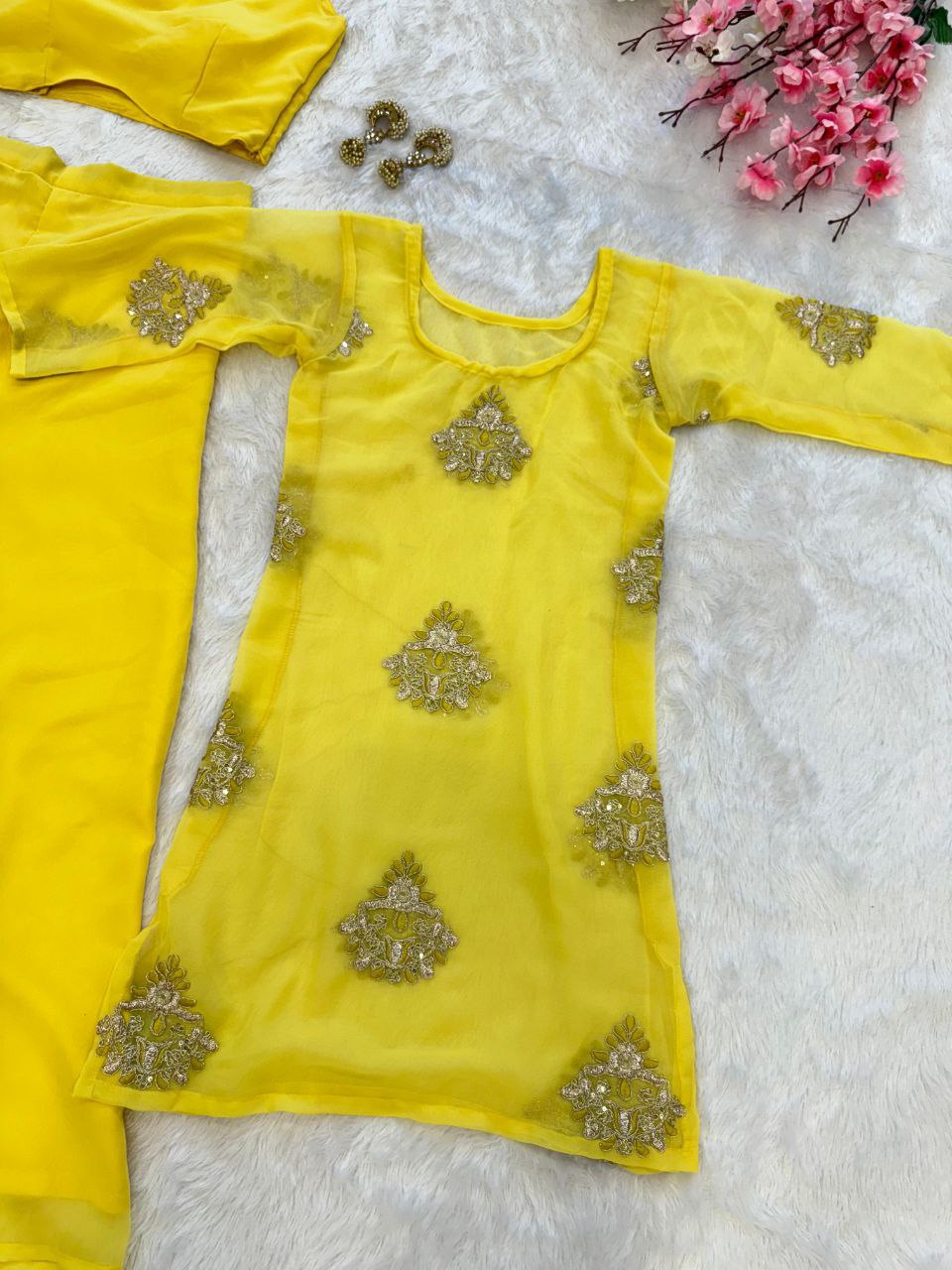Haldi Special Yellow Color Pure Georgette Fully Stitched Palazzo Suit