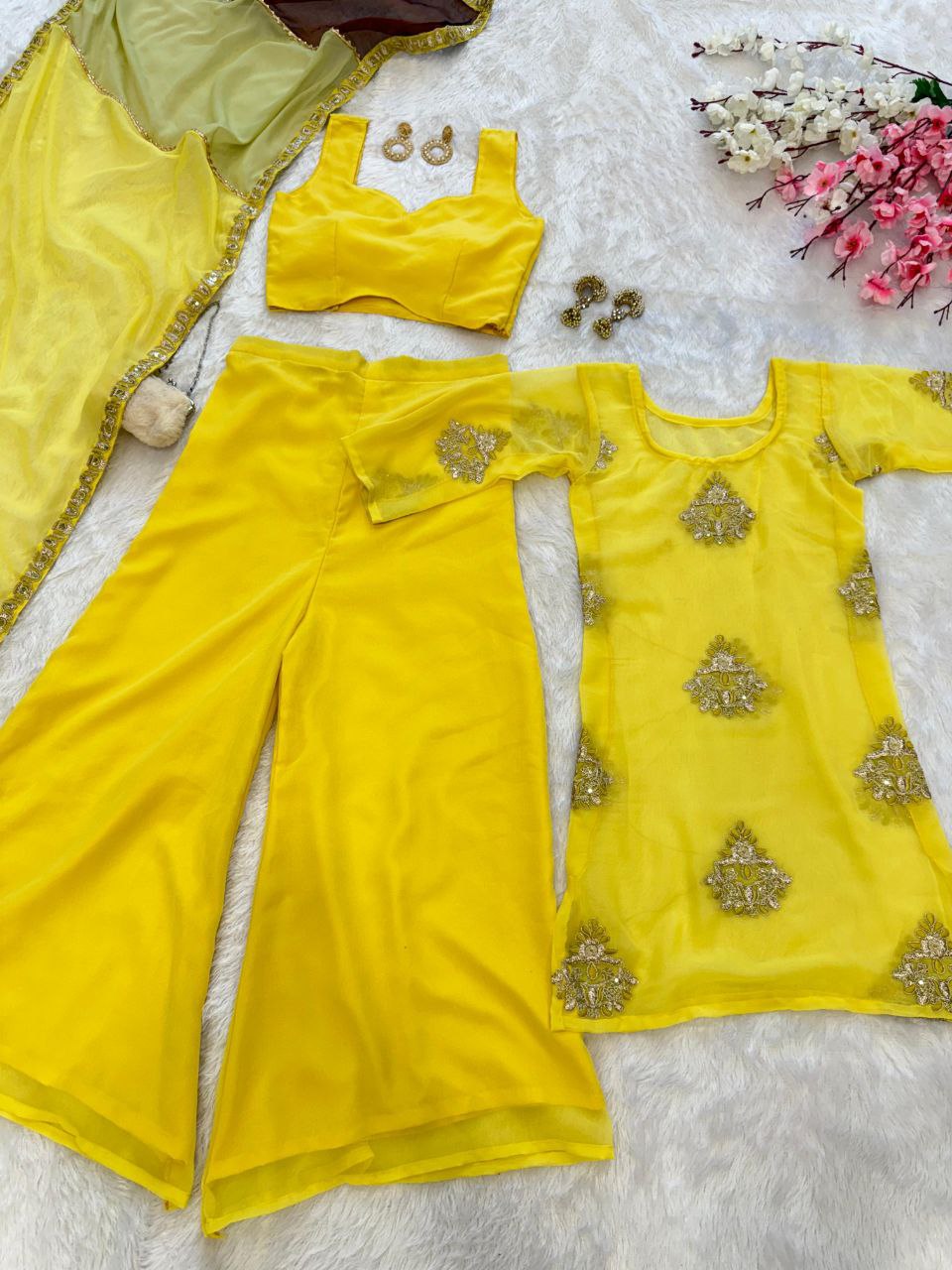 Haldi Special Yellow Color Pure Georgette Fully Stitched Palazzo Suit