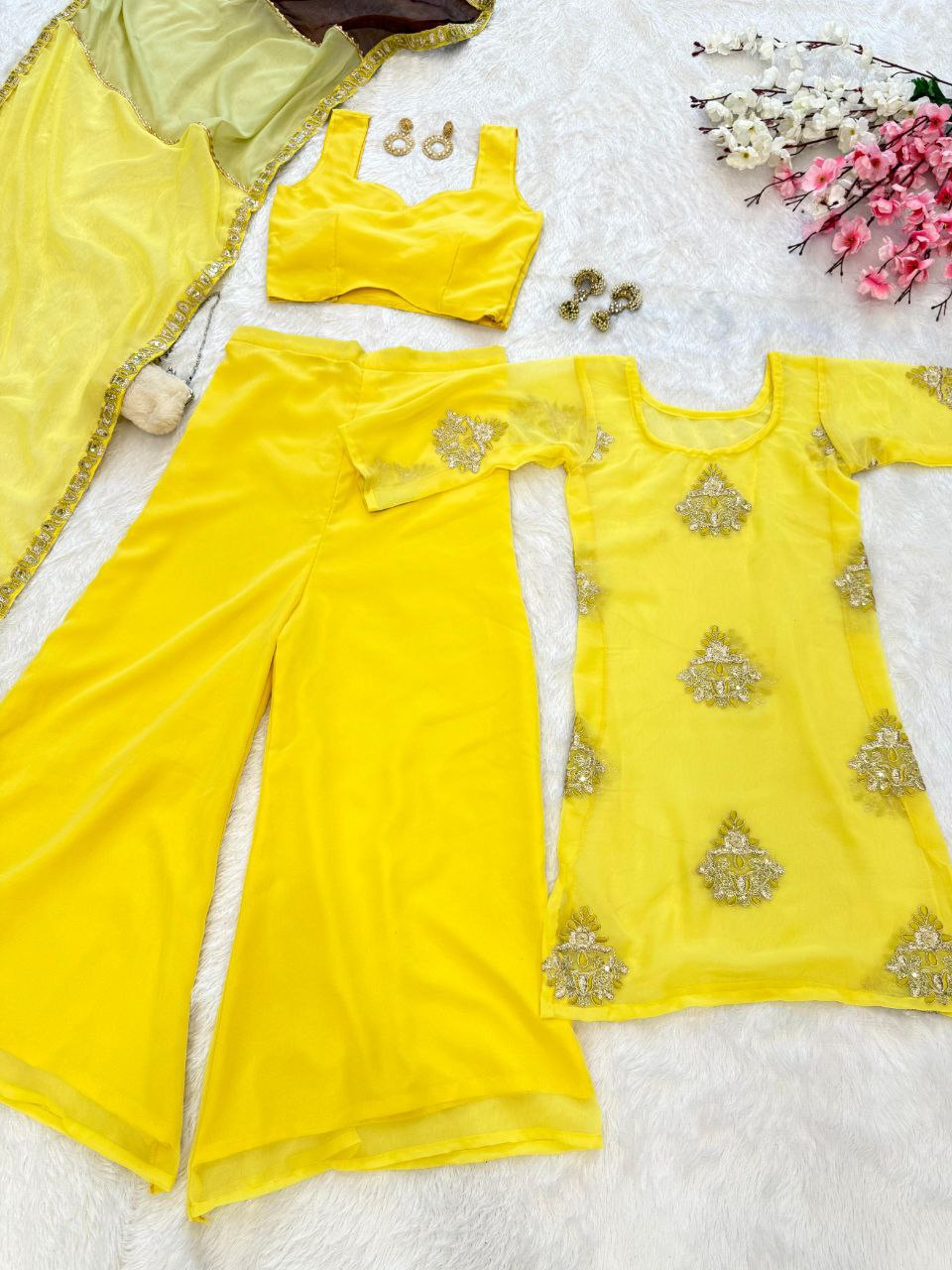 Haldi Special Yellow Color Pure Georgette Fully Stitched Palazzo Suit