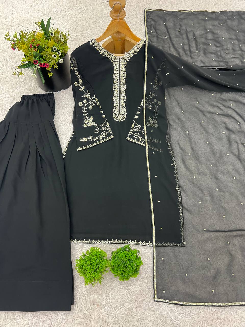 Festive Wear Black Color Pure Faux Georgette With Embroidery Sequence Work Palazzo Suit