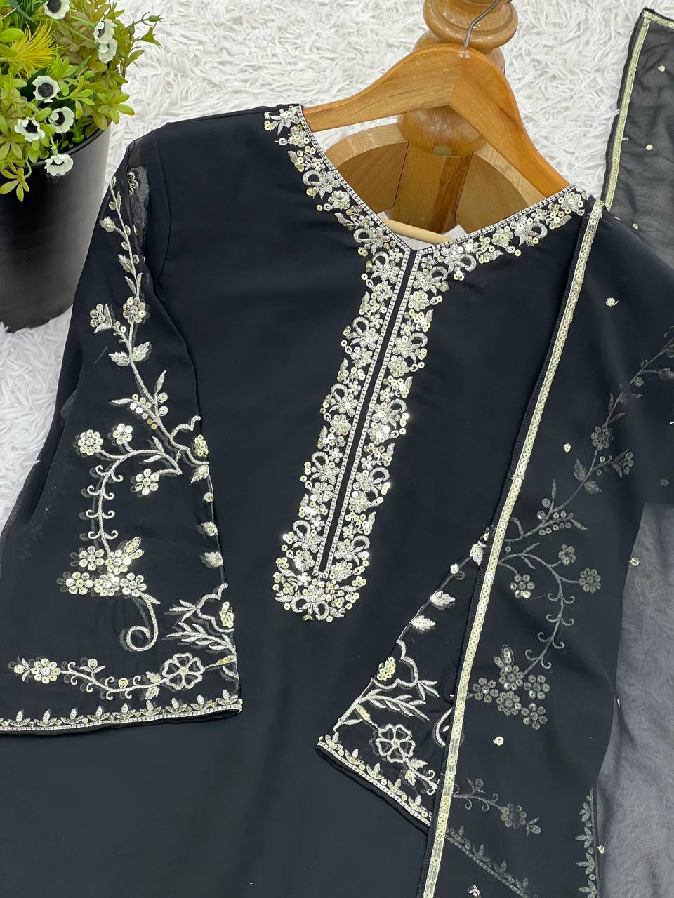 Festive Wear Black Color Pure Faux Georgette With Embroidery Sequence Work Palazzo Suit