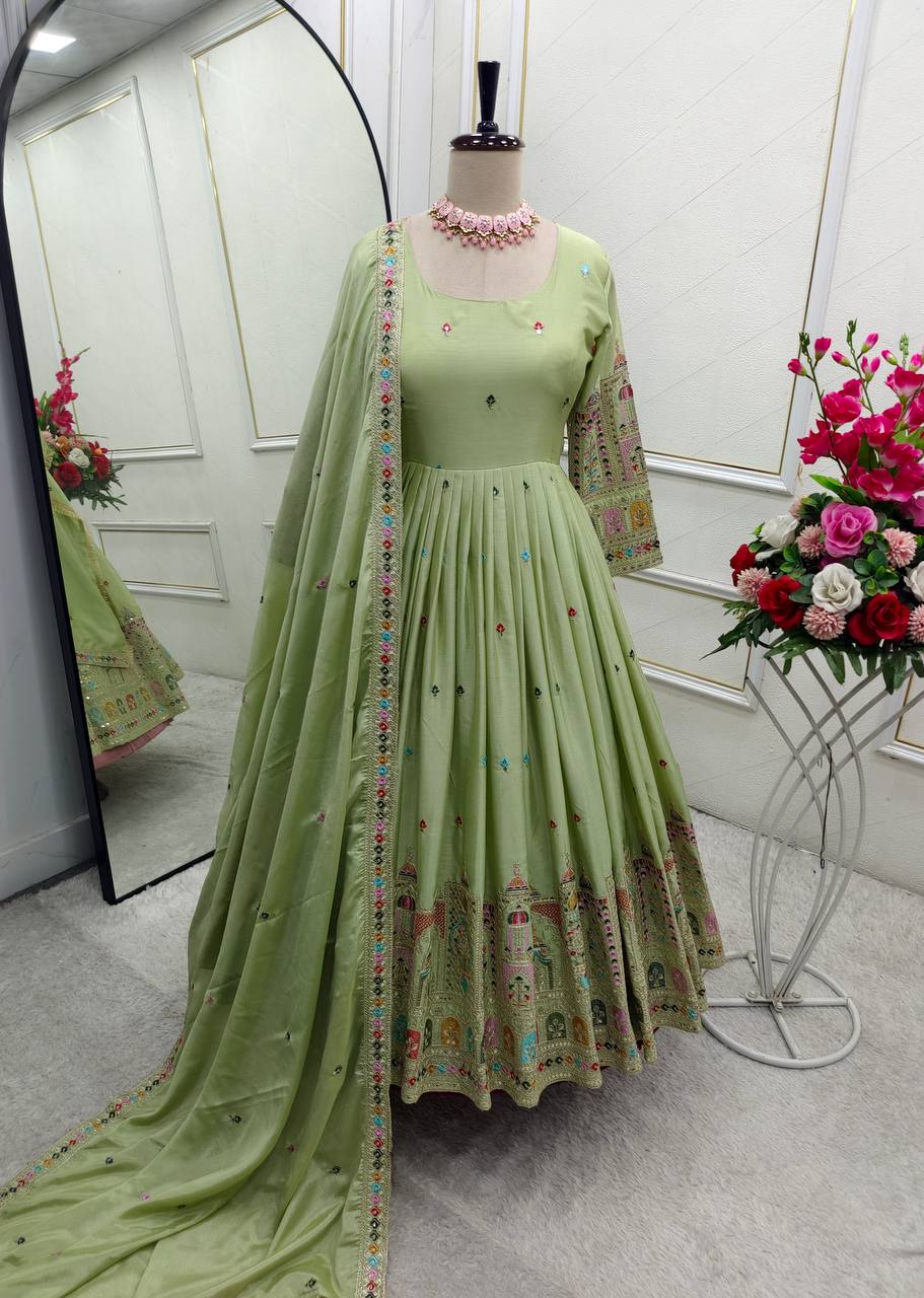 Celebrity Style Light Green Color Pure Cinon Silk With Heavy Embroidery Sequence Work Anarkali Gown