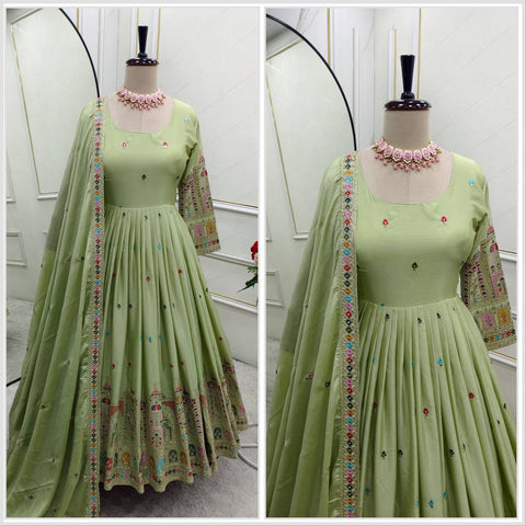 Celebrity Style Light Green Color Pure Cinon Silk With Heavy Embroidery Sequence Work Anarkali Gown