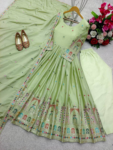 Celebrity Style Light Green Color Pure Cinon Silk With Heavy Embroidery Sequence Work Anarkali Gown