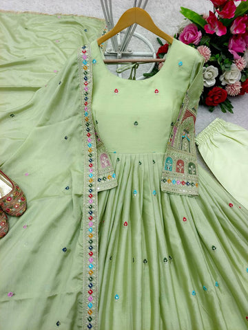 Celebrity Style Light Green Color Pure Cinon Silk With Heavy Embroidery Sequence Work Anarkali Gown