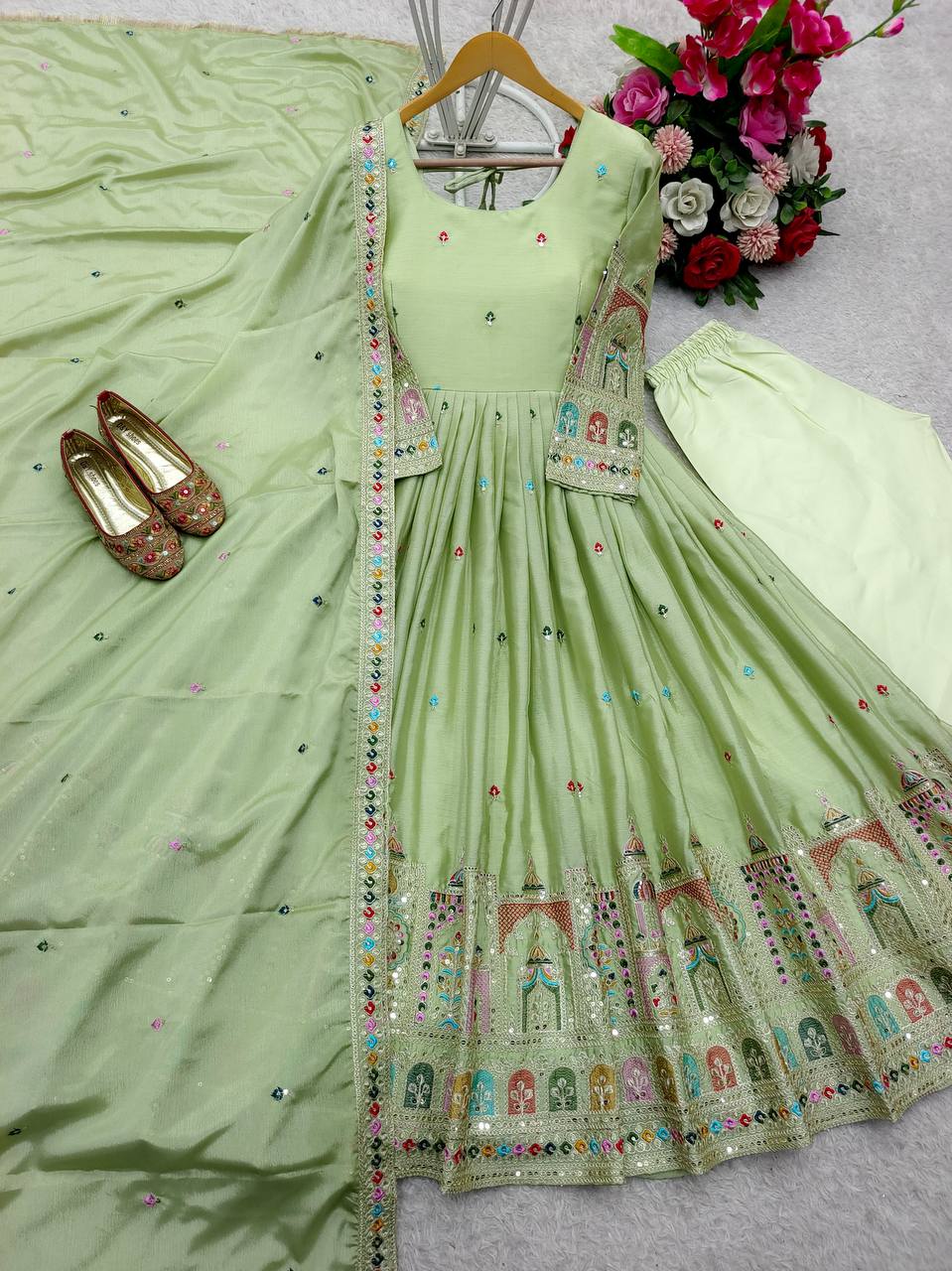 Celebrity Style Light Green Color Pure Cinon Silk With Heavy Embroidery Sequence Work Anarkali Gown