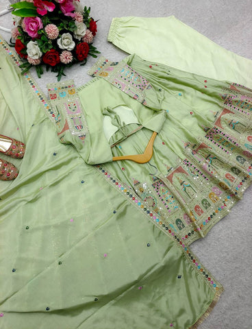 Celebrity Style Light Green Color Pure Cinon Silk With Heavy Embroidery Sequence Work Anarkali Gown