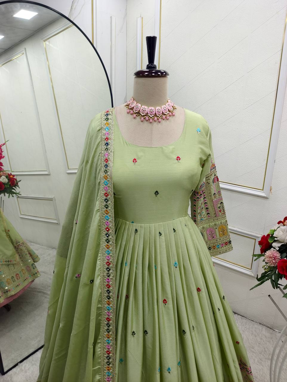Celebrity Style Light Green Color Pure Cinon Silk With Heavy Embroidery Sequence Work Anarkali Gown