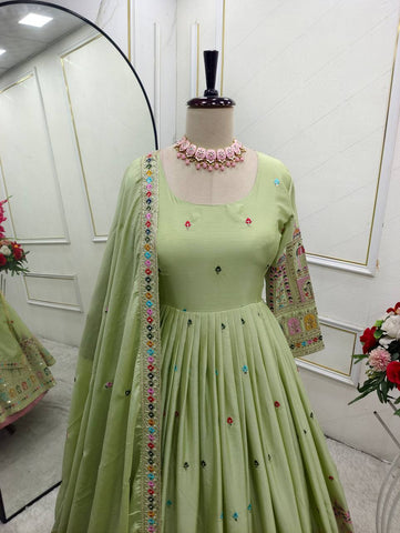 Celebrity Style Light Green Color Pure Cinon Silk With Heavy Embroidery Sequence Work Anarkali Gown
