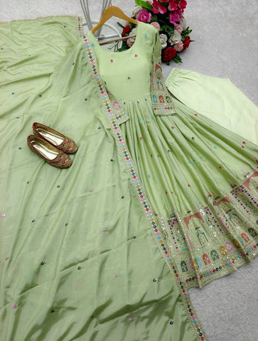 Celebrity Style Light Green Color Pure Cinon Silk With Heavy Embroidery Sequence Work Anarkali Gown