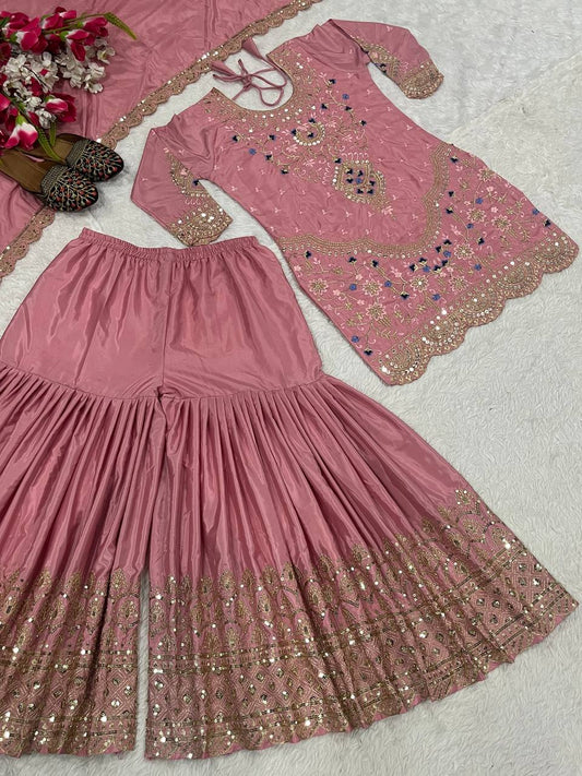 Stunning Dusty Pink color Natural Crep Material With Sequence Embroidery Work Sharara Suit