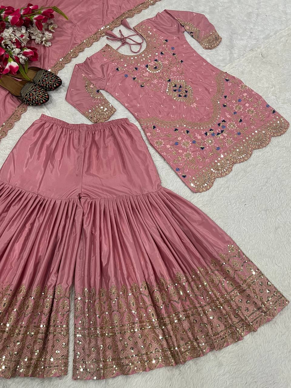 Stunning Dusty Pink color Natural Crep Material With Sequence Embroidery Work Sharara Suit