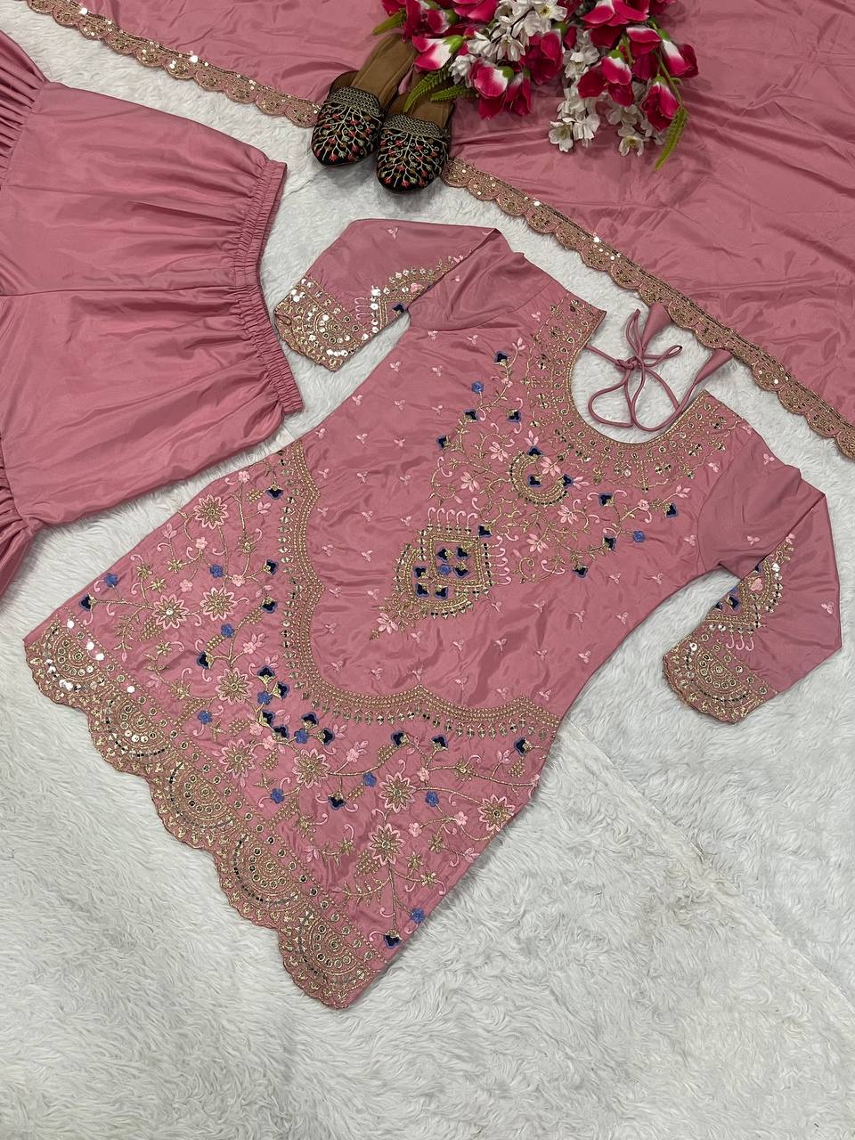 Stunning Dusty Pink color Natural Crep Material With Sequence Embroidery Work Sharara Suit