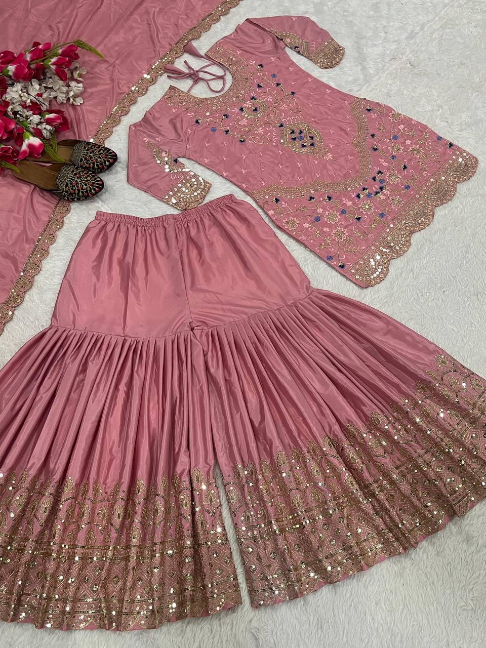 Stunning Dusty Pink color Natural Crep Material With Sequence Embroidery Work Sharara Suit