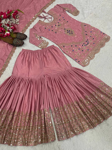 Stunning Dusty Pink color Natural Crep Material With Sequence Embroidery Work Sharara Suit