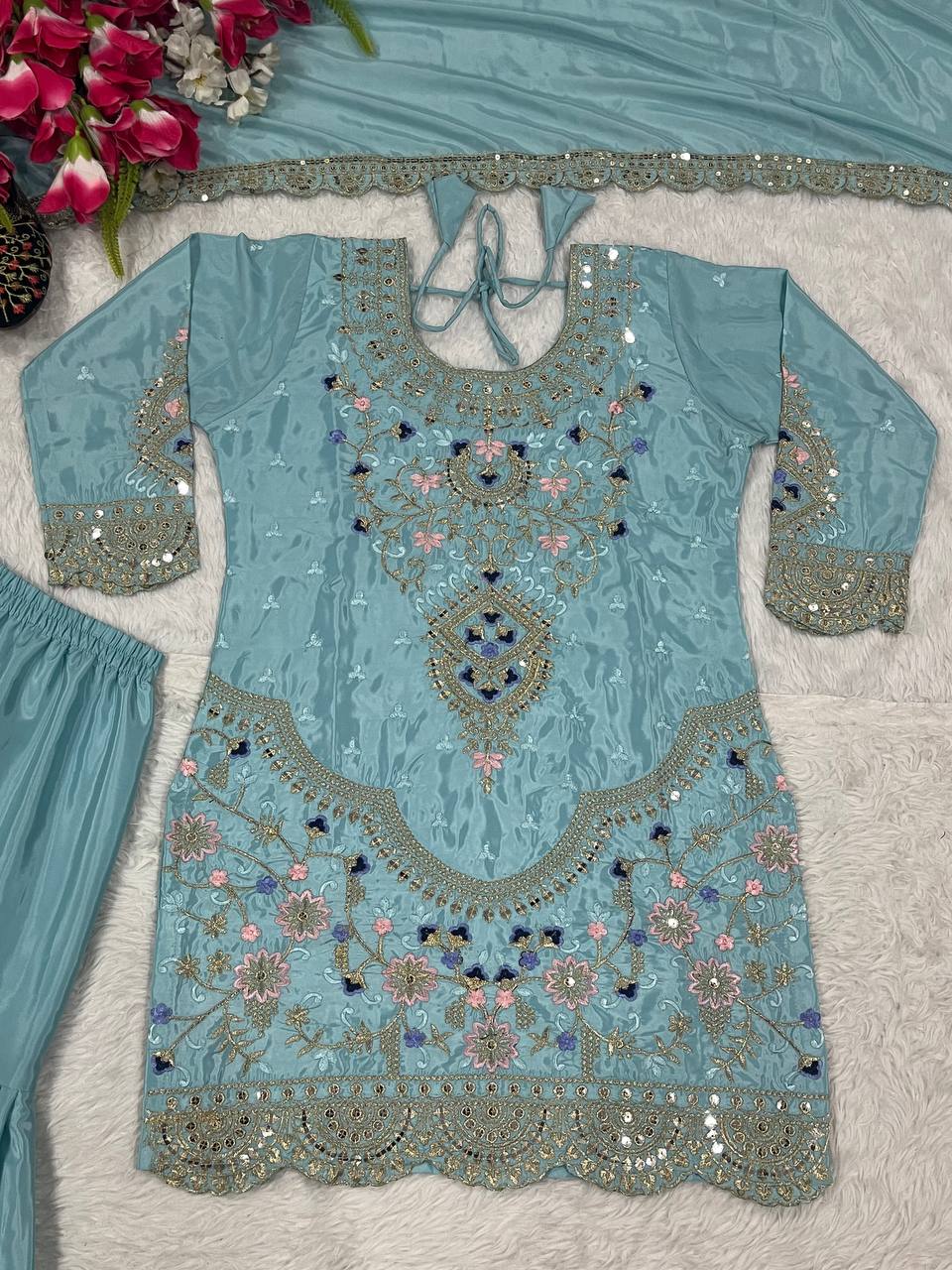 Stunning Sky Blue color Natural Crep Material With Sequence Embroidery Work Sharara Suit