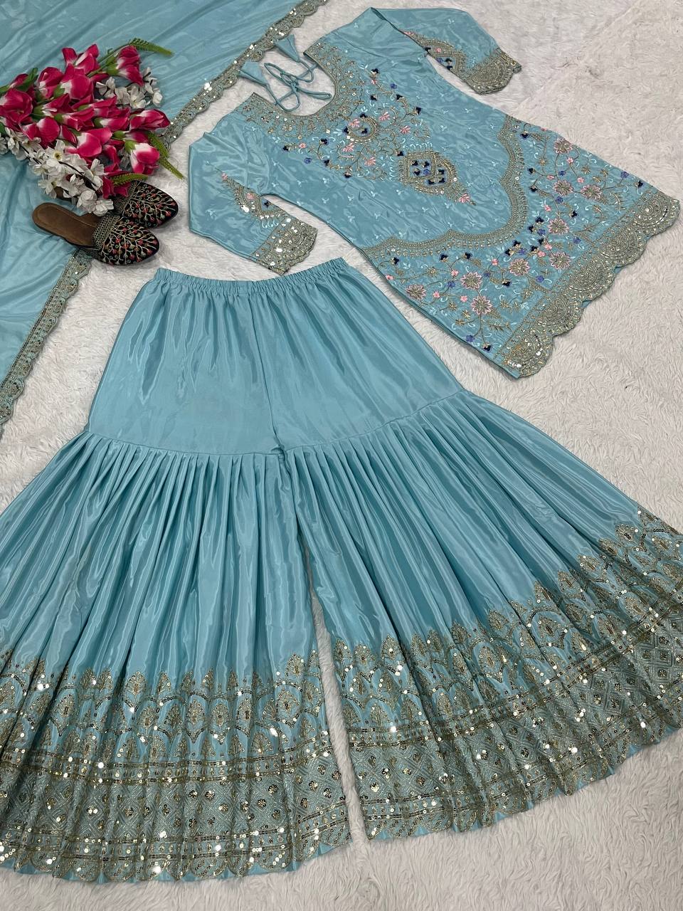Stunning Sky Blue color Natural Crep Material With Sequence Embroidery Work Sharara Suit