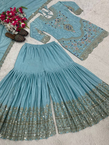 Stunning Sky Blue color Natural Crep Material With Sequence Embroidery Work Sharara Suit