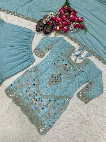Stunning Sky Blue color Natural Crep Material With Sequence Embroidery Work Sharara Suit