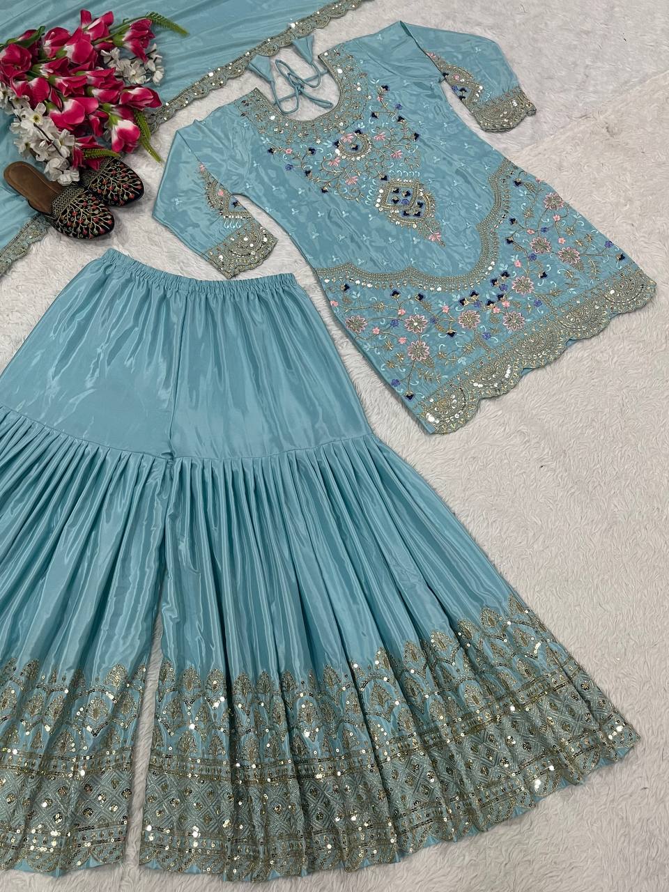 Stunning Sky Blue color Natural Crep Material With Sequence Embroidery Work Sharara Suit