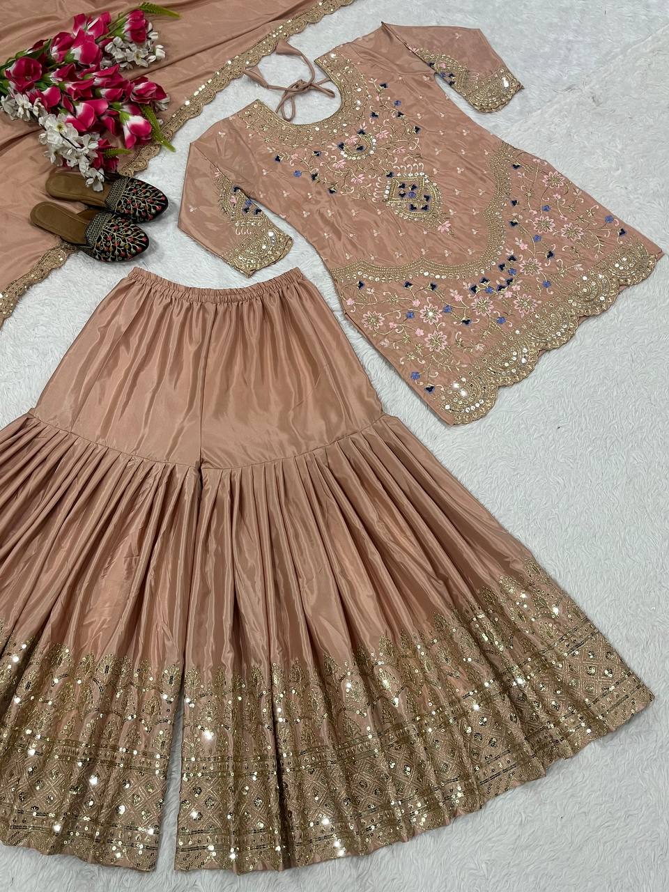 Stunning Beige color Natural Crep Material With Sequence Embroidery Work Sharara Suit