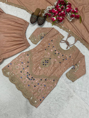 Stunning Beige color Natural Crep Material With Sequence Embroidery Work Sharara Suit
