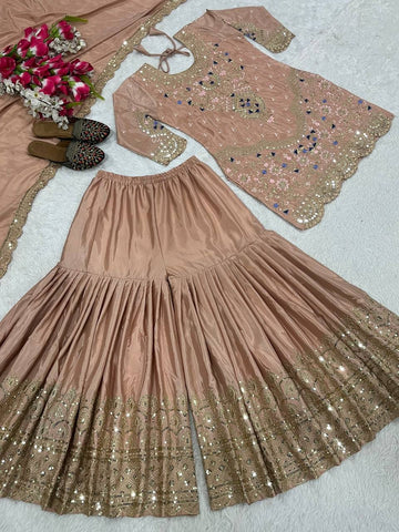 Stunning Beige color Natural Crep Material With Sequence Embroidery Work Sharara Suit