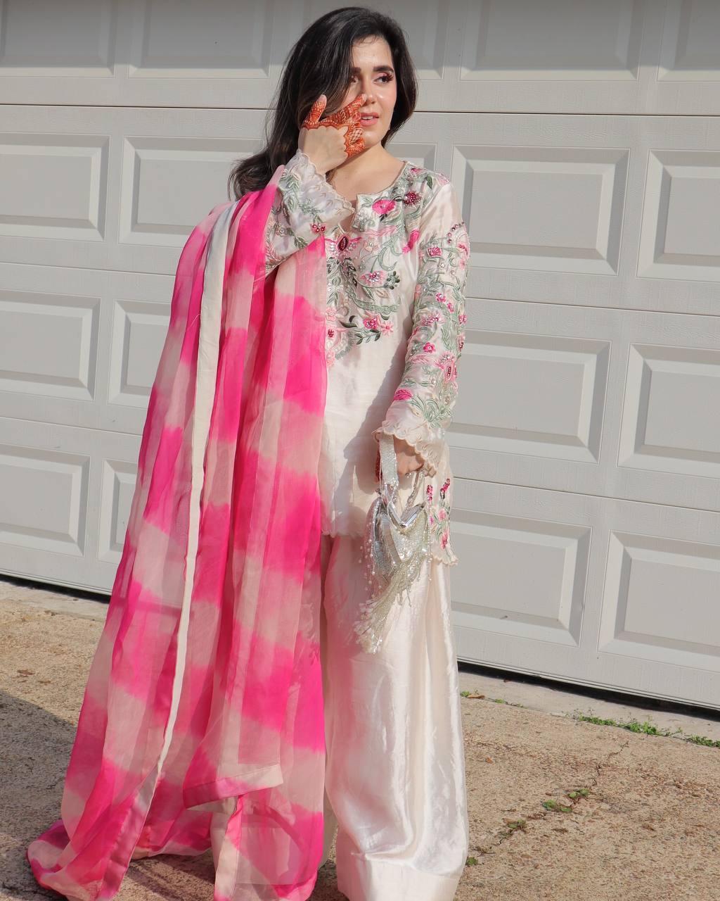Festive Wear White Color Natural Crep Silk With Embrodary Siquance Work Palazzo Suit