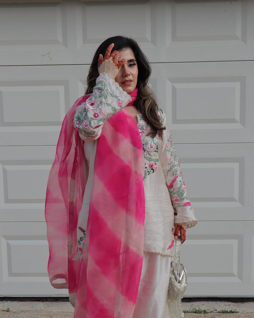 Festive Wear White Color Natural Crep Silk With Embrodary Siquance Work Palazzo Suit