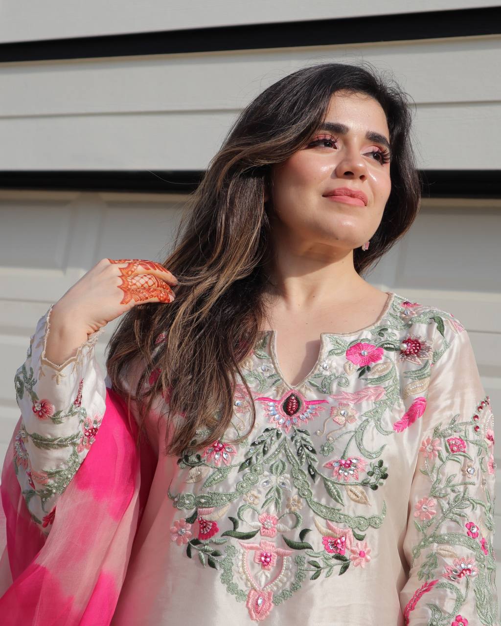 Festive Wear White Color Natural Crep Silk With Embrodary Siquance Work Palazzo Suit