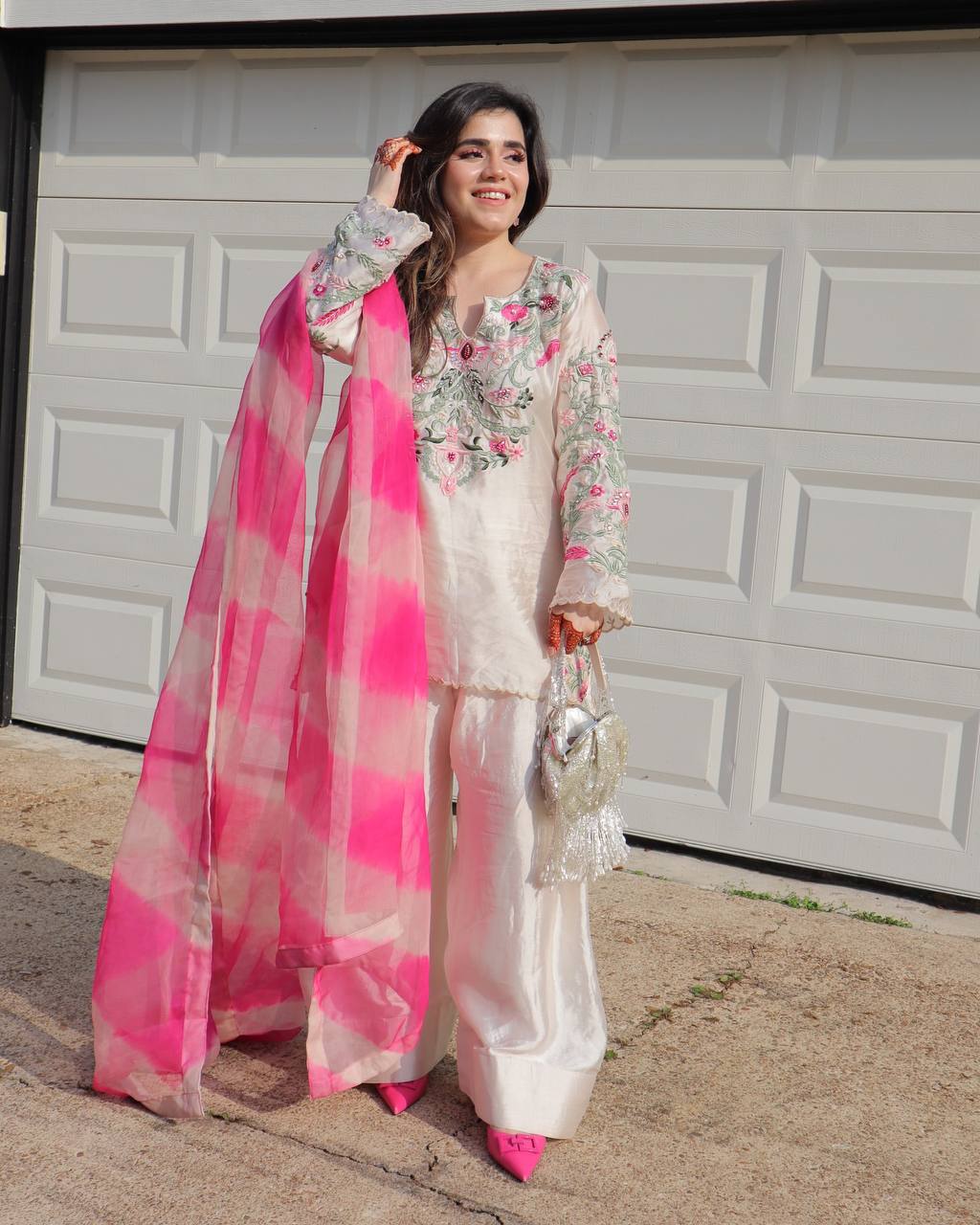 Festive Wear White Color Natural Crep Silk With Embrodary Siquance Work Palazzo Suit