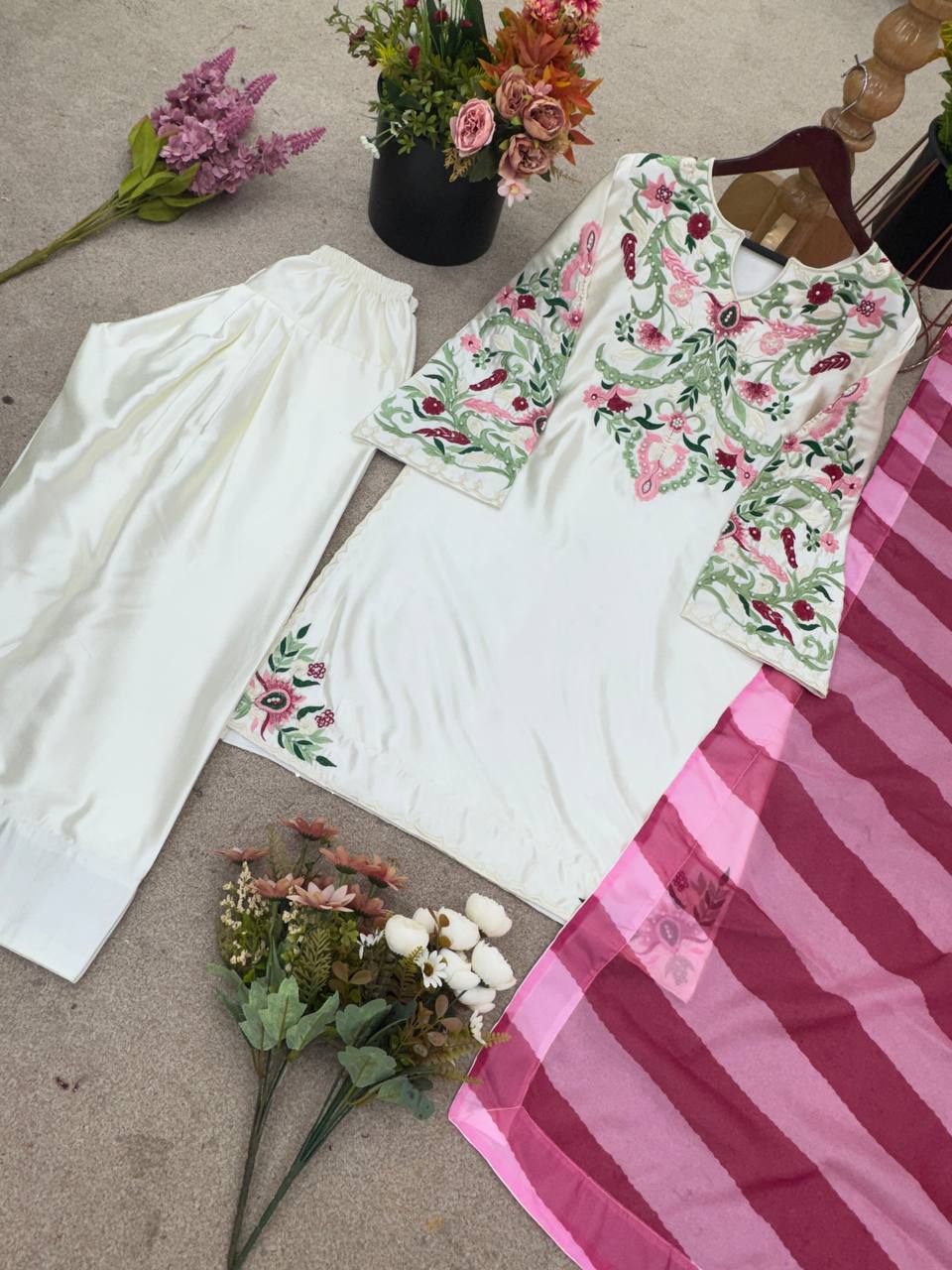 Festive Wear White Color Natural Crep Silk With Embrodary Siquance Work Palazzo Suit