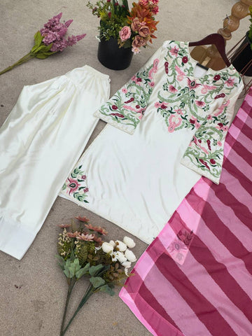 Festive Wear White Color Natural Crep Silk With Embrodary Siquance Work Palazzo Suit