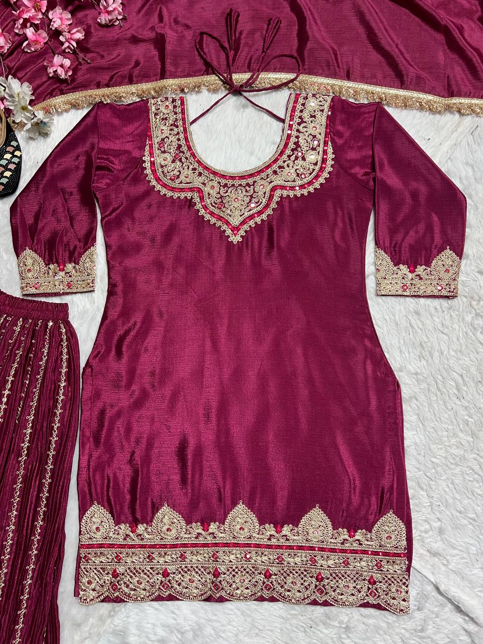 Occasion Wear Wine Color Pure Heavy Chinnon Silk With Heavy Embroidery Coding Sequence Work Sharara Suit