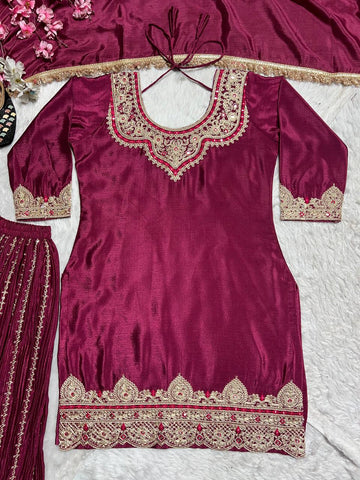 Occasion Wear Wine Color Pure Heavy Chinnon Silk With Heavy Embroidery Coding Sequence Work Sharara Suit