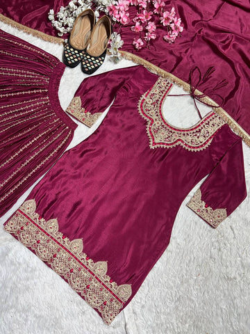 Occasion Wear Wine Color Pure Heavy Chinnon Silk With Heavy Embroidery Coding Sequence Work Sharara Suit